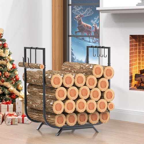 41 Gal (155 L) Upgraded Sturdy Firewood Rack Holder, Thickened Outdoor Indoor Fire Wood Pile Storage Stacker with 6 Hooks, Rustproof Waterproof Log Rack for Fireplace Wood Organizer
