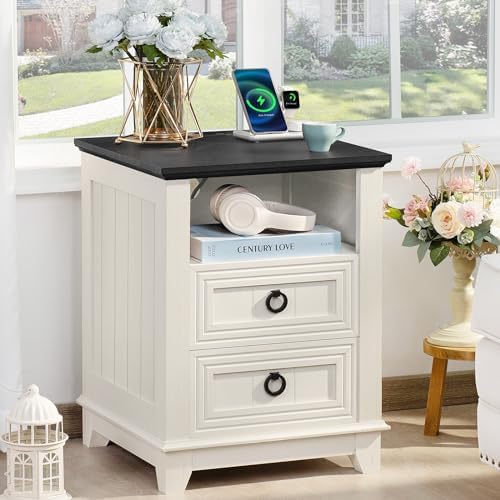 18" Farmhouse Night Stand with Charging Station, 2 Drawers End Table Dresser for Bedroom, White Wooden Nightstand, Bed Side Table with Open Shelf, Bedside Cabinet for Living Room, Closet