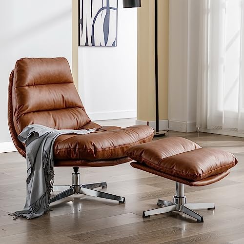 Swivel Accent Chair with Ottoman, Mid Century Modern Faux Leather Lounge Chair with footrest, Comfy Oversized Armchair with 360 Degree Metal Base for Living Room/Bedroom, Brown
