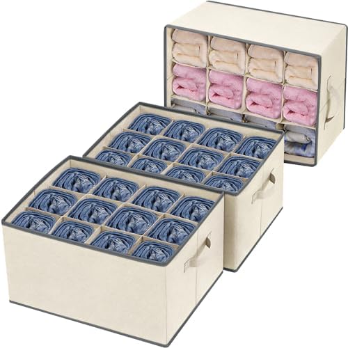 3 Pcs 12 Cell Large Size Pants Organizers for Clothes, Jeans, Sweater, T-shirt, Dress Stackable for Wardrobe Closet Drawer Organizer Storage Bin Container, Beige