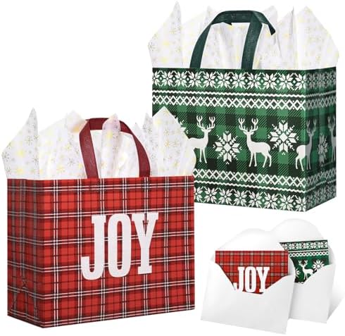 STYPOP 2 Pack 13" Large Christmas Gift Bags with Tissue Paper, Reusable Christmas Tote Bags with Handles, Non-Woven Holiday Gift Bags for Xmas Gift Wrap/Party Favor Supplies, 12.8"*10.2"*6.3"