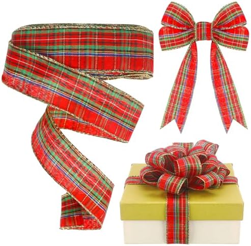 Yinder Plaid Christmas Wired Ribbon 1.5 Inch 30 Yard Traditional Red Tartan Plaid Christmas Holiday Ribbon Green Red Gold Garland Home Decor Gift Wrapping DIY Craft