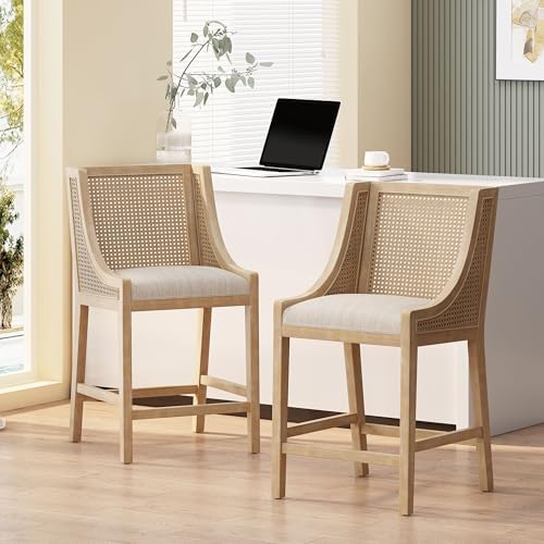 Merax 25.5" Fabric Upholstered Wood and Cane Counter Stools with Backrest,Set of 2,French Country Barstools