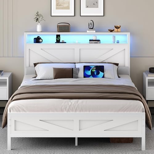 Queen Bed Frame with Headboard, Queen Bed Frames with Outlets and LED Lights, Rustic Bed Frame with Storage Headboard, Farmhouse Barn Door Design, Noise Free, No Box Spring Needed, White