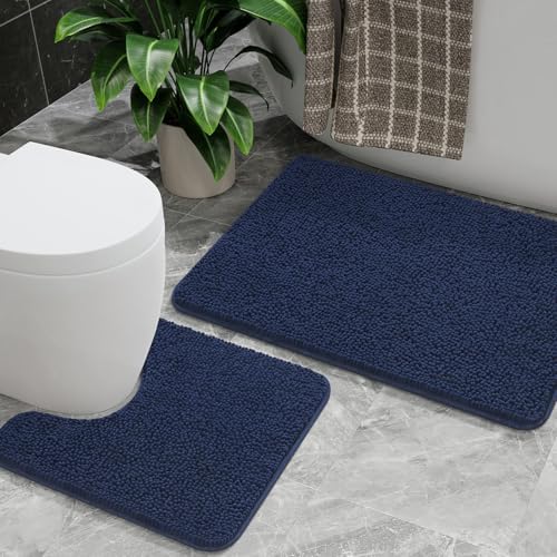 AROGAN Bathroom Rug Sets 2 Piece, 20"x20" U-Shaped Toilet Mat and 21"×34" Bath Mats Bathroom Floor Set, Washable Bath Rug, Absorbent Soft Non Slip Rug Set, Navy Blue