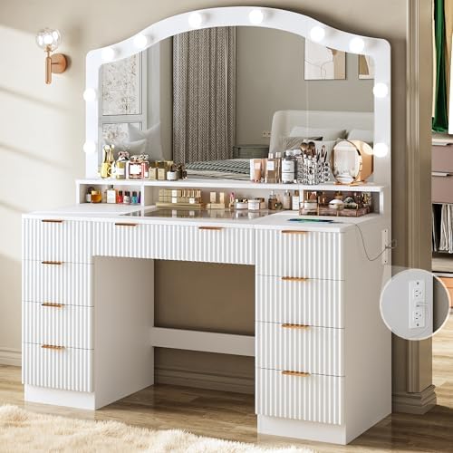 46" Fluted Vanity Desk with Large Mirror and Lights, Makeup Vanity Desk with Glass Top & Power Outlet, 9 Drawers, 3 Colors Lighting Adjustable Brightness, for Bedroom, White