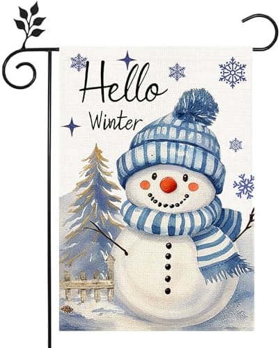 Hello Winter Snowman Garden Flag 12x18 Inch Double Sided Polka Dot Winter Yard Outdoor Christmas Winter Outdoor Flag