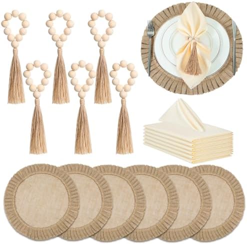 Gejoy Round Burlap Placemats Wood Bead Napkin Rings with Dinner Napkins Cloth, Jute Heat Resistant Placemats Boho Wooden Rings for Plates Wedding Dining Table(18 Pcs)