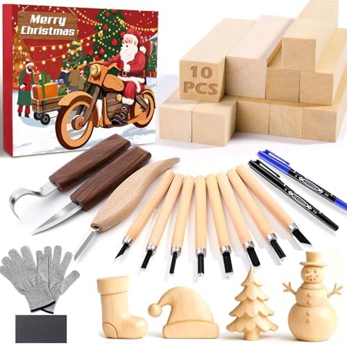Christmas Wood Carving Kit, 24Pcs Carving Tools with Christmas Surprise Present,Whittling Knife Kit with 3 Block Carving Knives Advent Calendar 2025 for DIY Aldult Beginners Hobby