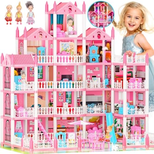 5-Story Dream Doll House for Girls with 19 Rooms, Lights, Dolls, and Furniture - Large DIY Playhouse for Grils Ages 6-16 - Perfect Imaginative STEM Gift for Birthdays & Holidays & Christmas