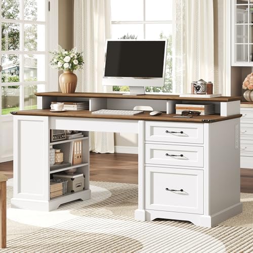 55'' Farmhouse Executive Desk with Drawers, Computer Desk with File Cabinet and Side Bookshelf, Writing Gaming Desk with Monitor Stand & Charging Station, White and Walnut