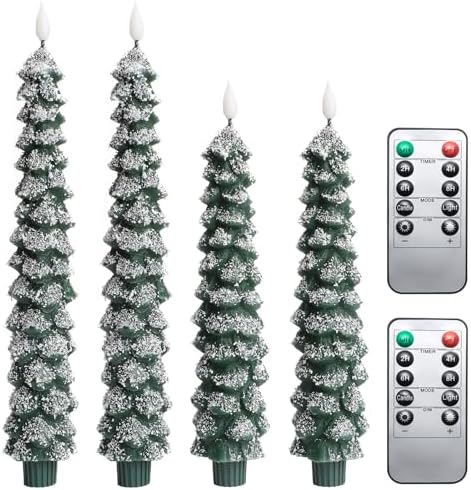 4 Pcs Flameless Taper Candles, Christmas Tree Candles with Remote, Battery Operated Candlesticks, Flickering LED Window Candlelights Real Wax Christmas Candlesticks H9.45,11.4”Green