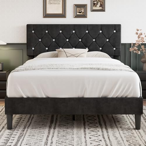 VECELO Full Size Bed Frame with Diamond Tufted Headboard, Upholstered Platform Bedframe with Wood Slat Support, No Box Spring Needed, Velvet & Black