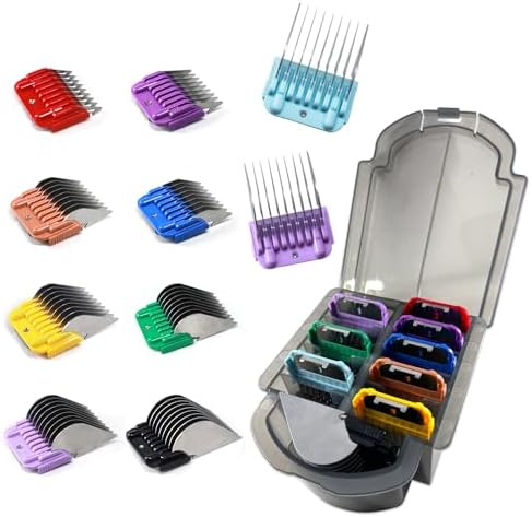 Professional Animal Stainless Steel Attachment 9 Color Guide Comb Set,Compatible with Andis, Oster A5, Wahl KM Series Clipper Detachable Blade Pet, Dog, Cat, and Horse Clippers