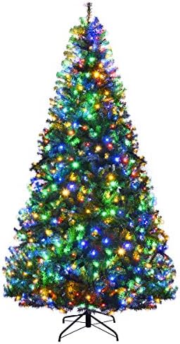 Goplus 8FT Pre-Lit Artificial Christmas Tree Auto-Spread/Close up Branches 11 Flash Modes with Multicolored 750 LED Lights & Metal Stand