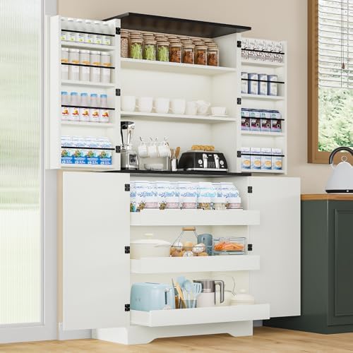 72" Kitchen Pantry Storage Cabinet, Farmhouse Pantry Cabinet with 8 Hanging Rack Shelves & 3 Pull-Out Racks, Pantry Storage Cabinet, Freestanding Cupboard for Kitchen, Dining Room, White