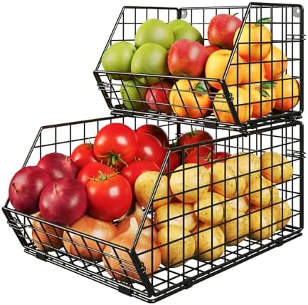 2 Tier Stackable Wire Basket-Kitchen Counter, Pantry Organization and Storage - Cabinet, Countertop Space Saving Organizing - Produce, Fruit, Vegetable,Onion, Potato, Bread Organizer Bin