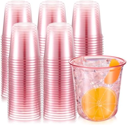 100 Pcs Disposable Stemless Glasses 12oz Crystal Plastic Wine Glasses Clear Classic Pet Cup for Meeting Weddings Birthdays Cocktail Christmas Party Supplies (Pink)