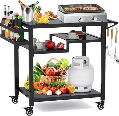 Outdoor Grill Table, Multi-Function Pizza Oven Stand, Three-Shelf Food Prep and Work Cart Table, Heavy Duty Grill Cart for Party, Bar, Camping