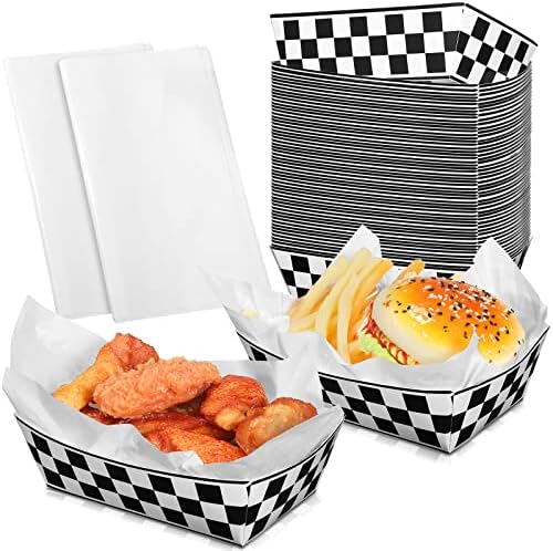 50 Pcs Checkered Paper Food Trays with 50 Deli Liner Disposable Racing Party Food Boat Black and White Plaid Serving Tray for Racing Theme Birthday Baby Shower Party Popcorn Nacho Snack Hot Dog