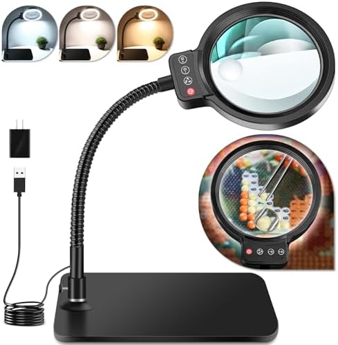 30X 10X Magnifying Glass with Light and Stand, 72 LED 3 Color Modes Stepless Dimmable, Hands Free Lighted Magnifier Desk Lamp for Close Work Craft Hobby Painting Sewing Jewelry Reading, Square