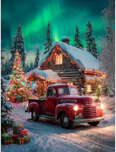 xackcme Red Truck Diamond Painting Kits for Adults, Christmas Diamond Art Kits for Adults, Round 5D Aurora Gem Art Kit for Adult DIY Crafts Kit Gift Home Wall Decor Gifts (16x12 inch)