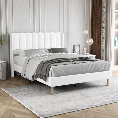 Zoophyter Upholstered Platform Bed Frame Full Size with Headboard,Strong Wooden Slats Support No Box Spring Needed Easy Assembly White Linen