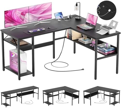 Reversible L Shaped Computer Desk with Power Outlets and USB Charging Ports, Sturdy Corner Desk with Storage Shelf, Modern Work Gaming Table for Home Office, Easy to Assemble, Black