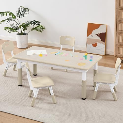 Adjustable Kids Table Chairs Set – Graffiti Desktop, Multi-Activity Height-Adjustable Toddler Study Desk for Ages 3-8 – Ideal for Home, Classroom, Daycare (W-Wood, 4 Chairs-47.2" L x 23.6" W)