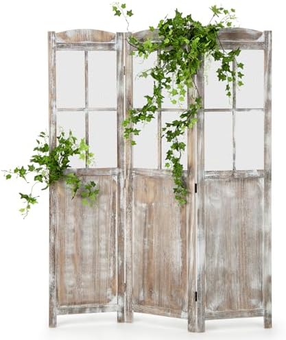 GOFLAME 3-Panel Folding Room Divider, 6FT Paulownia Wood Privacy Screen with Mesh Window, Natural Rustic Freestanding Wall Divider Partition for Room Separation, No Assembly Required