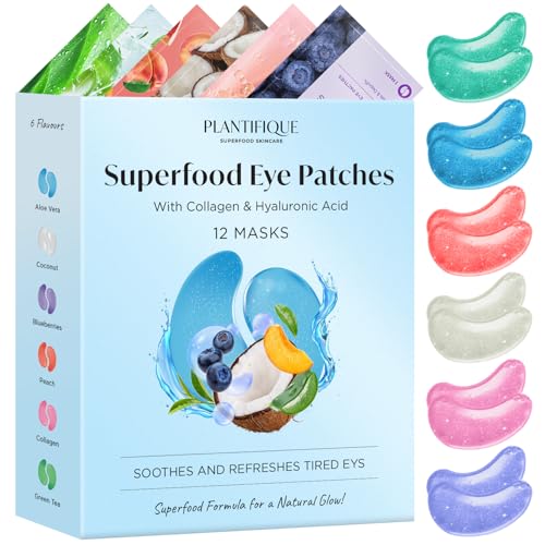 PLANTIFIQUE Superfood Under Eye Patches – 12 Pairs with Hyaluronic Acid for Dark Circles & Puffy Eyes – Anti-Aging Skincare Gel Mask, Gift for Women & Men