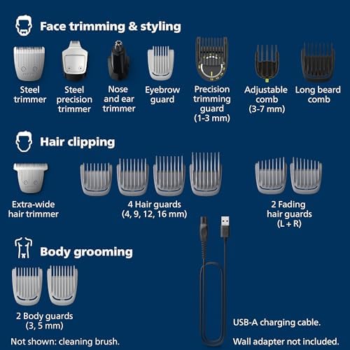 Philips Norelco Multigroom 7000 Series, All-in-One Trimmer, Beard Trimmer and Hair Clipper, 19-Piece Men's Grooming Kit for Beard, Head, Hair, Body, and Face, Soft Pouch, MG7910/49