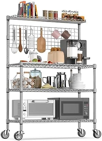 Leteuke Bakers Rack with Storage & Wheels, 42 Inch Microwave Stand Kitchen Shelves, 4-Tier Heavy Duty Storage Rack with 20 S-Hooks, Commercial Metal Utility Kitchen Cart, 42× 18× 63 Inch, Chrome