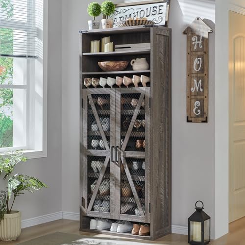 JXQTLINGMU Farmhouse Shoe Cabinet, 72" Tall with Mesh Doors and Adjustable Shelves, Rustic Wooden Shoe Organizer, Modern Large Cabinet Storage for Entryway, Grey