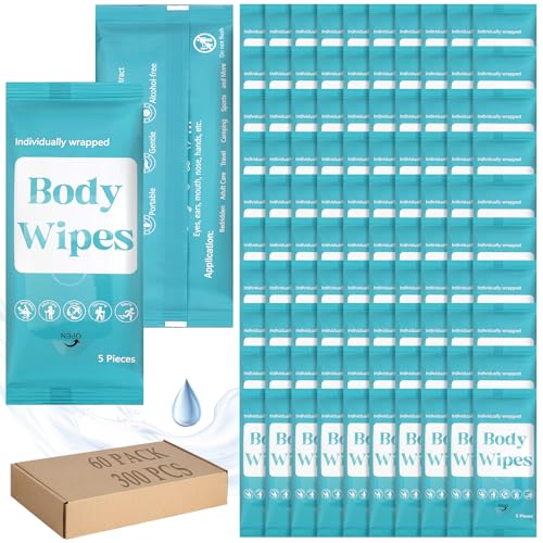 300 Pcs 60 Pack Body Wipes for Adults Bathing No Rinse Individually Wrapped Shower Wipes Washcloth with Aloe Cleansing Body Wash Cloths Disposable Cleansing Cloth(Blue Background)