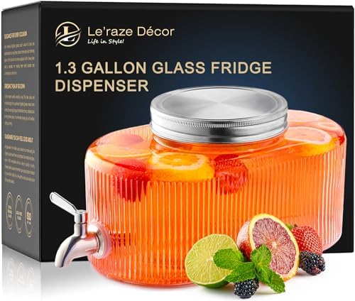Glass Drink Dispenser for Fridge - 100% Leakproof Stainless Steel Spigot - Liquid Laundry Detergent Dispenser, Punch Bowl Beverage Dispenser for Parties, Water Dispenser Countertop, 5L Jug 1.32 Gallon