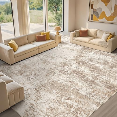 Area Rug Living Room - 9X12 Abstract Washable Large Soft Foldable Non Slip Rug Neutral Modern Low Pile Carpet for Bedroom Nursery Dining Room Farmhouse Home Office Indoor - Brown