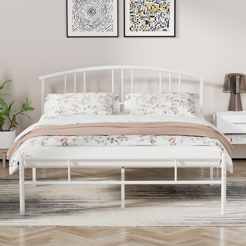 VECELO 14 inch Queen Bed Frame White Beds Metal Platform Mattress Foundation with headboard Footboard Steel Slat Support/No Box Spring Needed/Easy Assembly