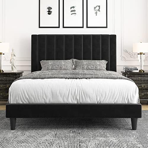 Allewie Full Bed Frame/Velvet Upholstered Bed Frame with Vertical Channel Tufted Headboard/Strong Wooden Slats/Platform Bed Frame/Mattress Foundation/Box Spring Optional/Easy Assembly/Black