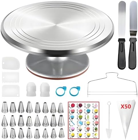 87 Pcs Cake Decorating Kit with Aluminium Alloy Rotating Cake Turntable,Cake Leveler,24 Numbered Icing Tips,2 Coupler,2 Spatulas,3 Comb Scrapers,50 Disposable Pastry Bags