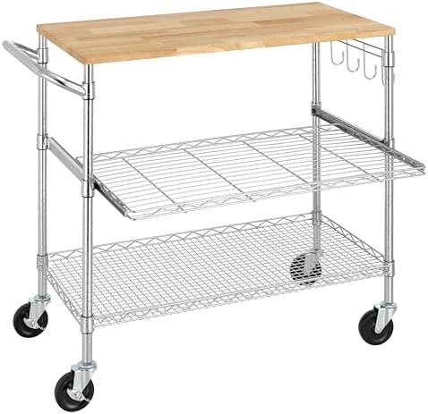 Finnhomy 3-Tier Rolling Kitchen Cart with 18" D x 36" W Oak Wood Tabletop, Kitchen Island Cart with 4" Wheels and Slider Shelf, Microwave Cart & Coffee Cart with Hooks for Dining Room, Chrome