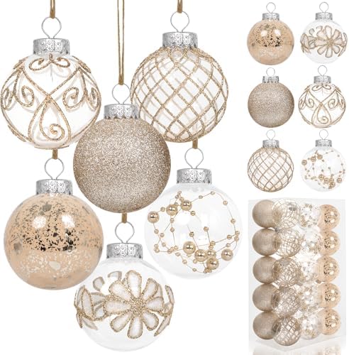 30PCS Christmas Ball Ornaments 60mm/2.36" Large Shatterproof Clear Plastic Farmhouse Rustic Champagne Christmas Ornaments Hanging Christmas Tree Decorations Set Xmas Party Home Decor in 6 Styles
