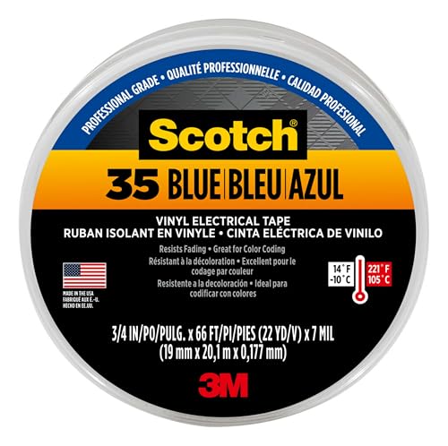 3M Scotch 35 Professional Electrical Tape, 3/4" x 66', Blue – Premium Vinyl Insulation Tape for Color-Coding and Electrical Applications