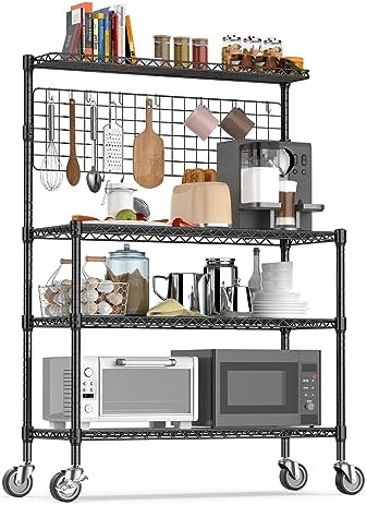 Leteuke Bakers Rack with Storage & Wheels, 42 Inch Microwave Stand Kitchen Shelves, 4-Tier Heavy Duty Storage Rack with 20 S-Hooks, Commercial Metal Utility Kitchen Cart, 42× 18× 63 Inch, Black