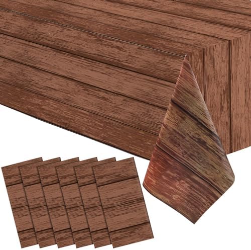 6 Pieces Wood Grain Tablecloth Western Tablecloths Rustic Plastic Table Covers Rectangular Table Decoration for Barbecue Fall Autumn Western Barn Themed Birthday Party, 54 x 108 Inch, Brown