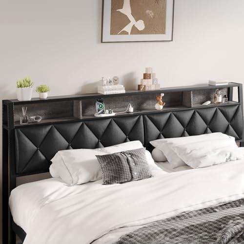 King Headboard Only, Headboard for King Size Bed with Storage, Upholstered Headboards with LED Lights & Charging Station, Attach Frame, Ideal for Bedroom/Dorm/Guest Room, Black, Faux Leather