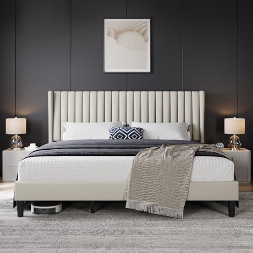 Yaheetech King Bed Frame Upholstered Platform Bed with Fabric Headboard, Wing Edge Design/Non-Slip and Noise-Free/Wooden Slats Support/No Box Spring Needed/Easy Assembly, Ivory King Bed