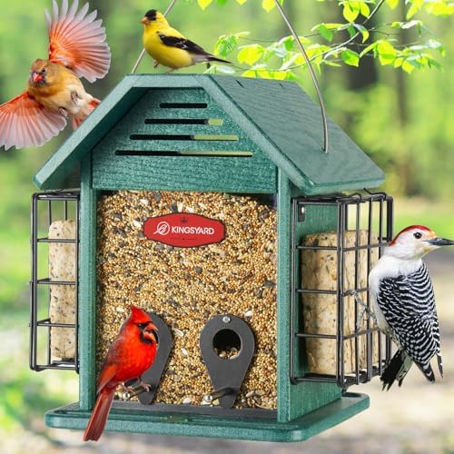 Kingsyard Bird Feeder for Outdoor Hanging, Recycled Plastic 3 in 1 Mixed Seeds Suet Feeder, Double Suet Cages Mesh Sunflower Bird Feeder, 3 LBS Large Capacity for Finch Cardinal Chickadee, Green