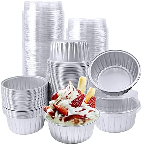 100Pcs Aluminum Cups with Lids,5oz Disposable Ramekin Baking Cups Muffin Liners Mini Pie Pans Foil Cupcake Containers for Christmas Party Wedding,Silver