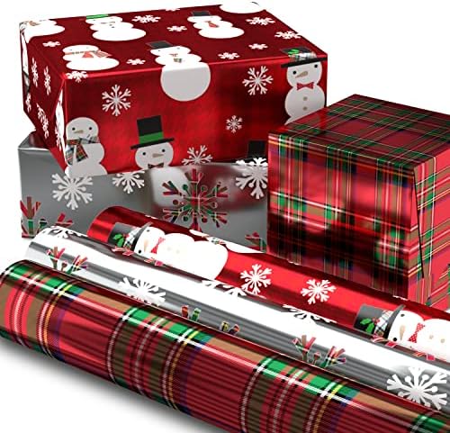 Hallmark Foil Christmas Wrapping Paper with Cut Lines on Reverse (3 Rolls: 60 sq. ft. ttl) Plaid Snowflakes, Snowmen, Red, Green and Blue Plaid